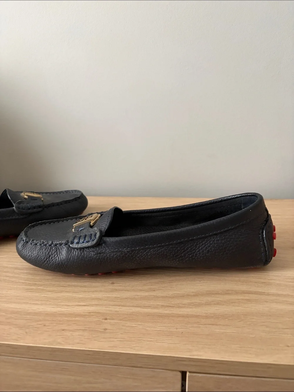 Tory Burch Navy Leather Loafers with Gold Logo Accent